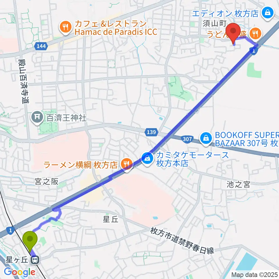 星ヶ丘駅から安井音楽教室へのルートマップ地図