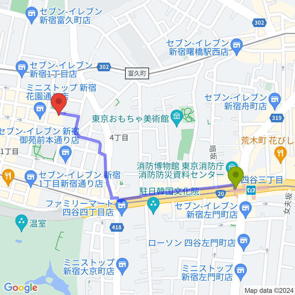 四谷三丁目駅から新宿ギター音楽院へのルートマップ地図
