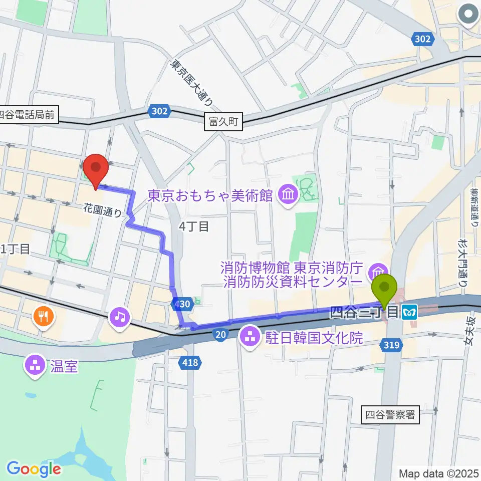 四谷三丁目駅から新宿ギター音楽院へのルートマップ地図