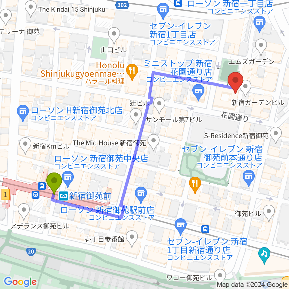 新宿ギター音楽院の最寄駅新宿御苑前駅からの徒歩ルート（約6分）地図