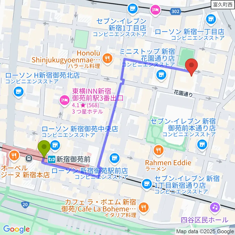 新宿ギター音楽院の最寄駅新宿御苑前駅からの徒歩ルート（約6分）地図