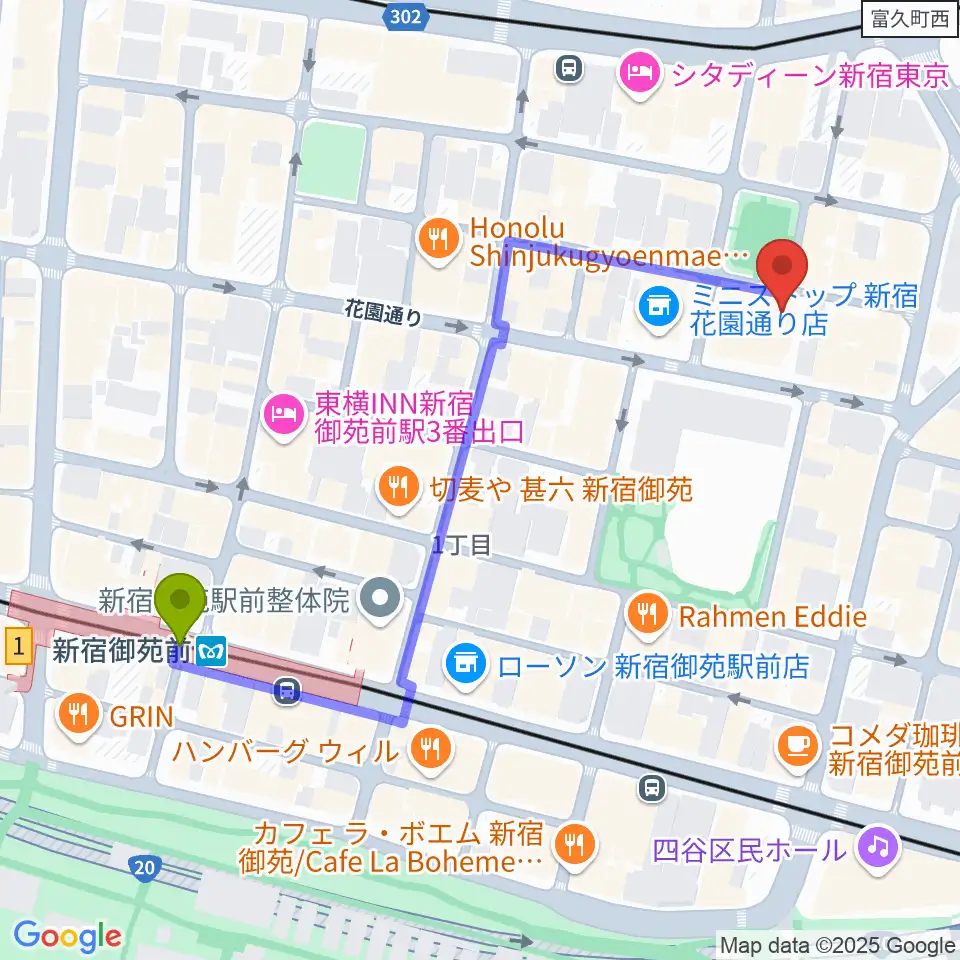 新宿ギター音楽院の最寄駅新宿御苑前駅からの徒歩ルート（約6分）地図