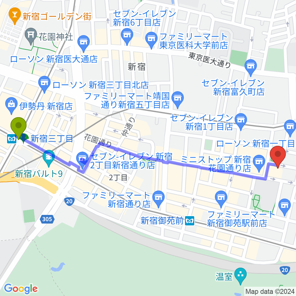 新宿三丁目駅から新宿ギター音楽院へのルートマップ地図