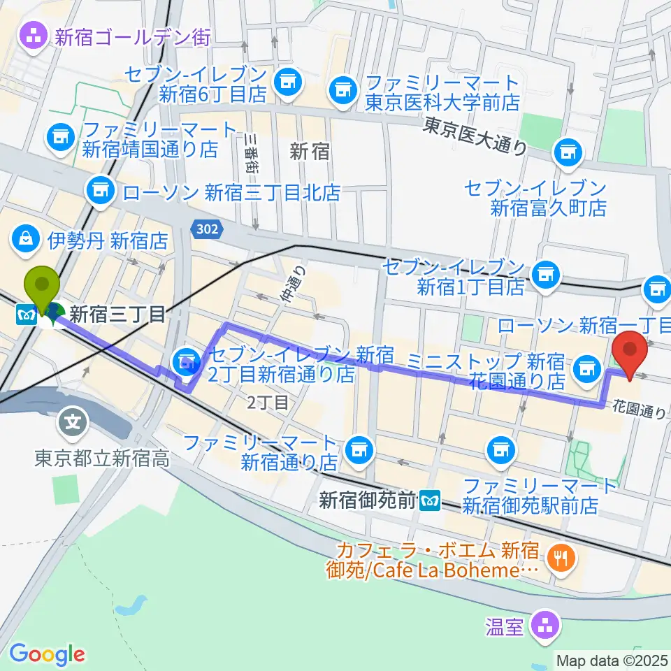 新宿三丁目駅から新宿ギター音楽院へのルートマップ地図