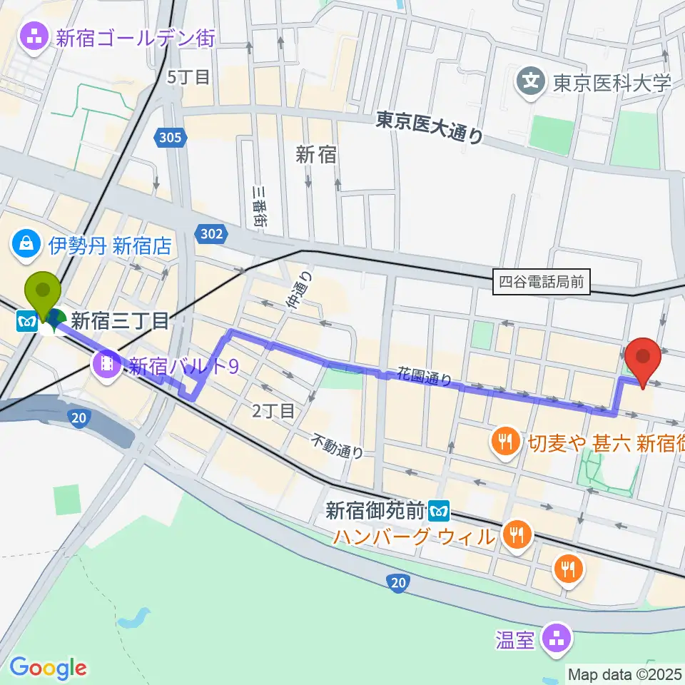 新宿三丁目駅から新宿ギター音楽院へのルートマップ地図