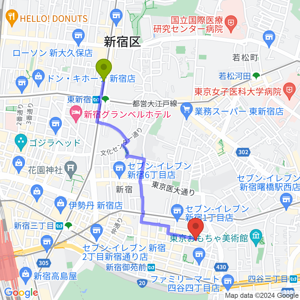 東新宿駅から新宿ギター音楽院へのルートマップ地図