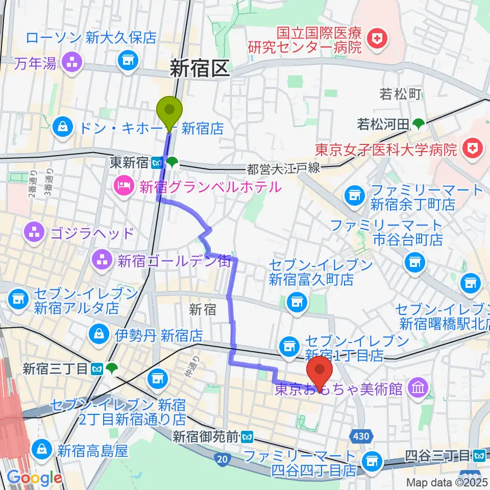 東新宿駅から新宿ギター音楽院へのルートマップ地図