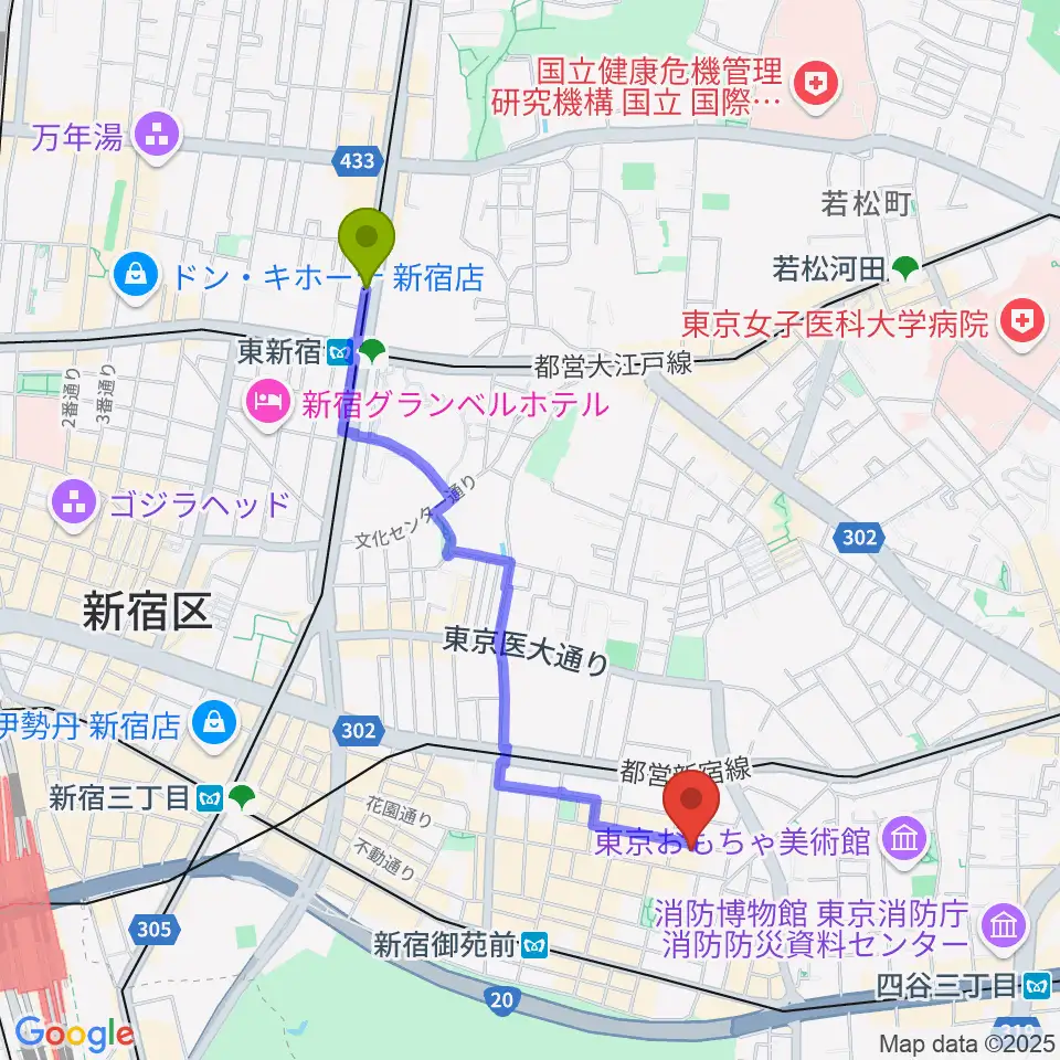 東新宿駅から新宿ギター音楽院へのルートマップ地図