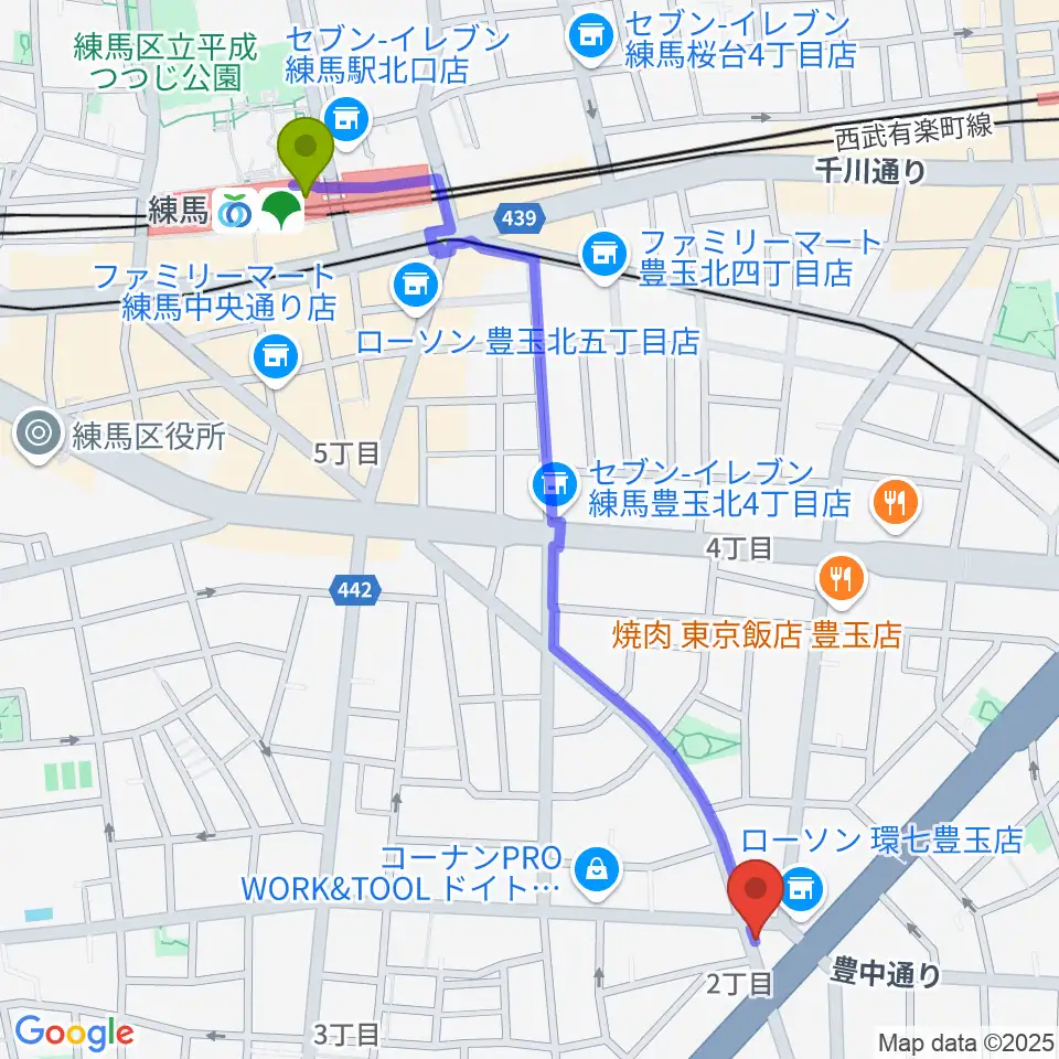 Music Studio Mの最寄駅練馬駅からの徒歩ルート（約13分）地図