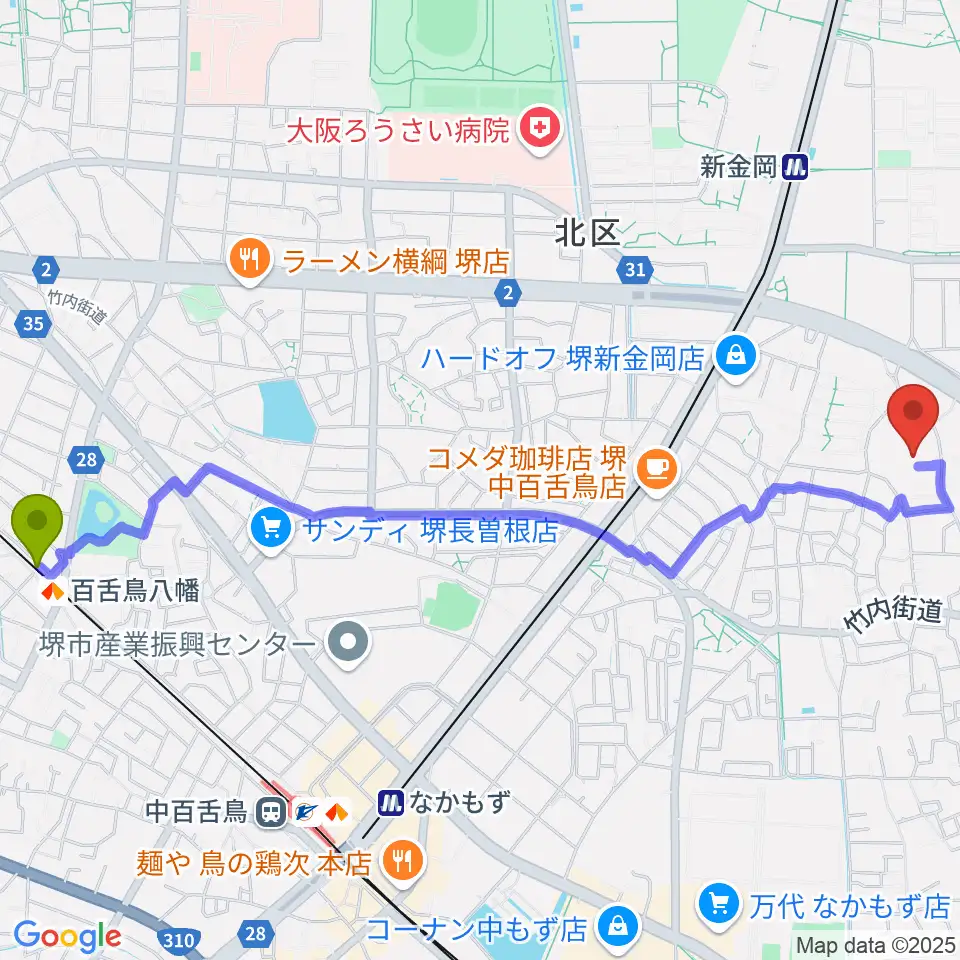 百舌鳥八幡駅から音楽教室ハーモニーへのルートマップ地図
