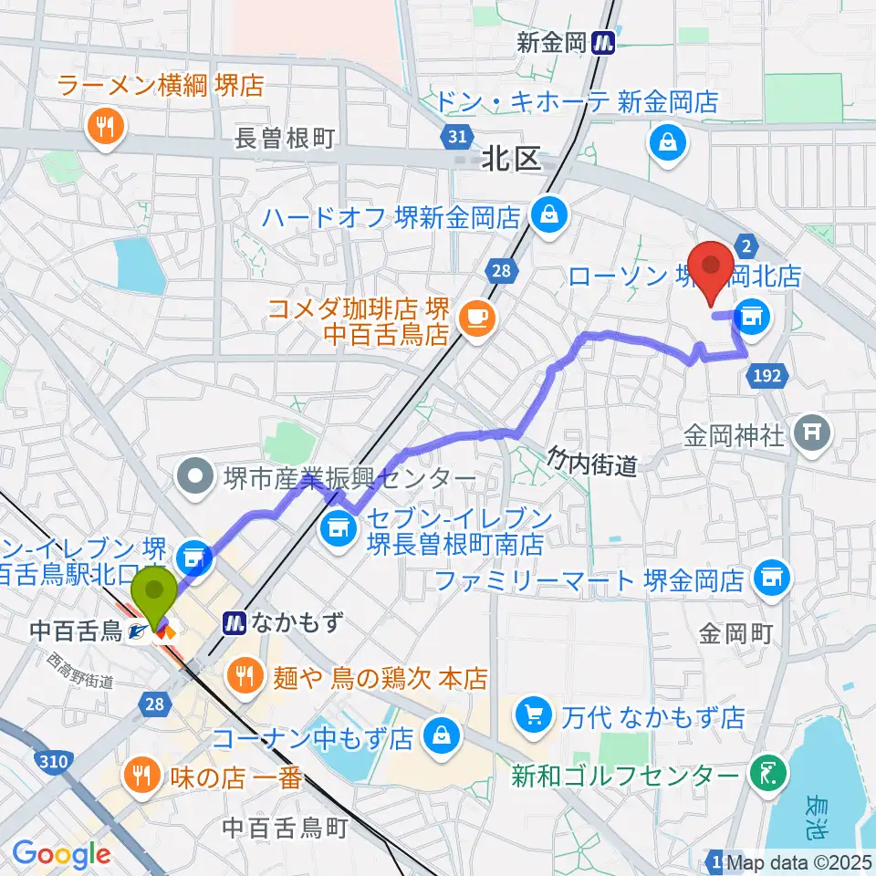 中百舌鳥駅から音楽教室ハーモニーへのルートマップ地図