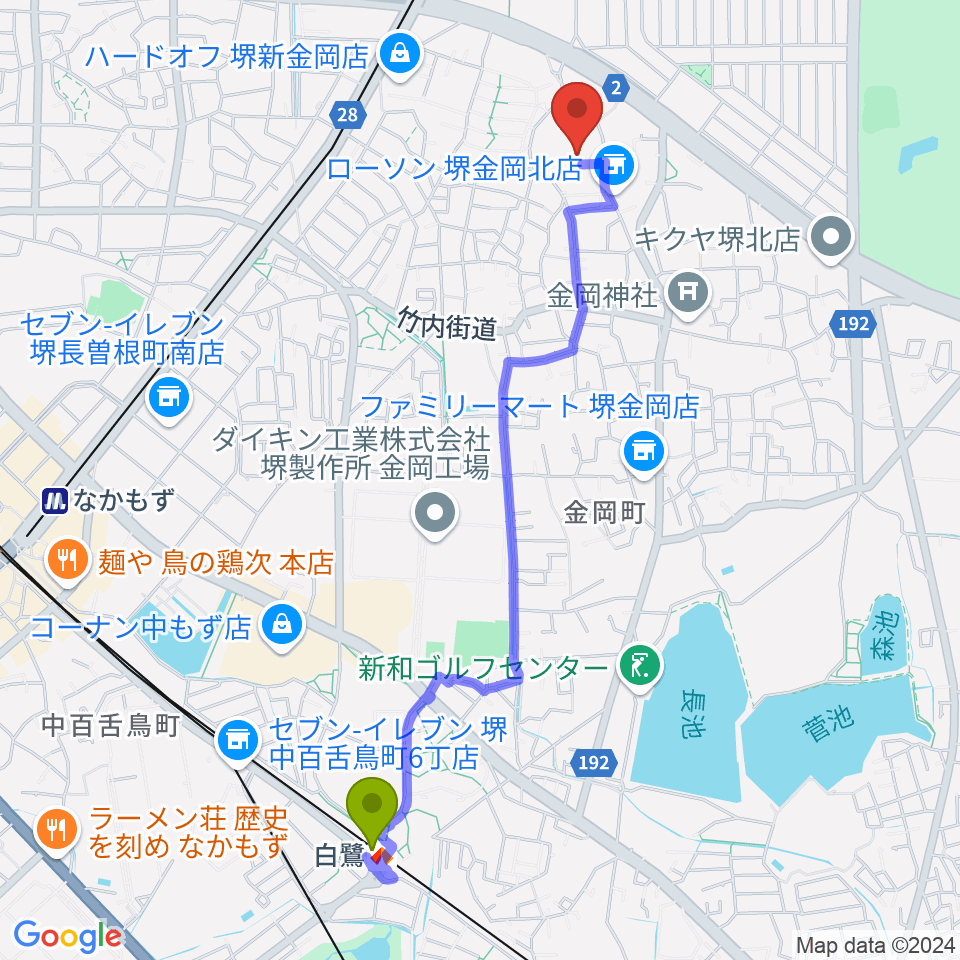 白鷺駅から音楽教室ハーモニーへのルートマップ地図