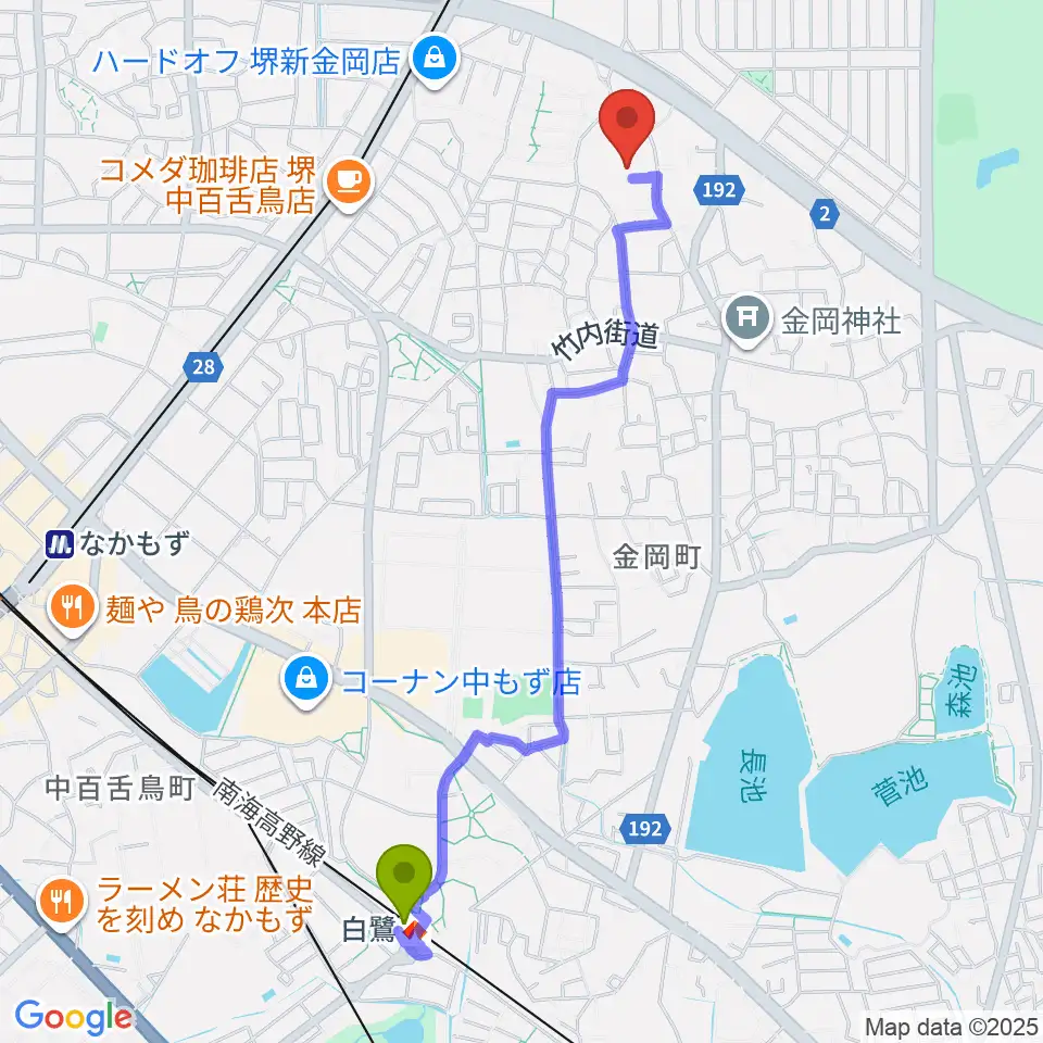 白鷺駅から音楽教室ハーモニーへのルートマップ地図