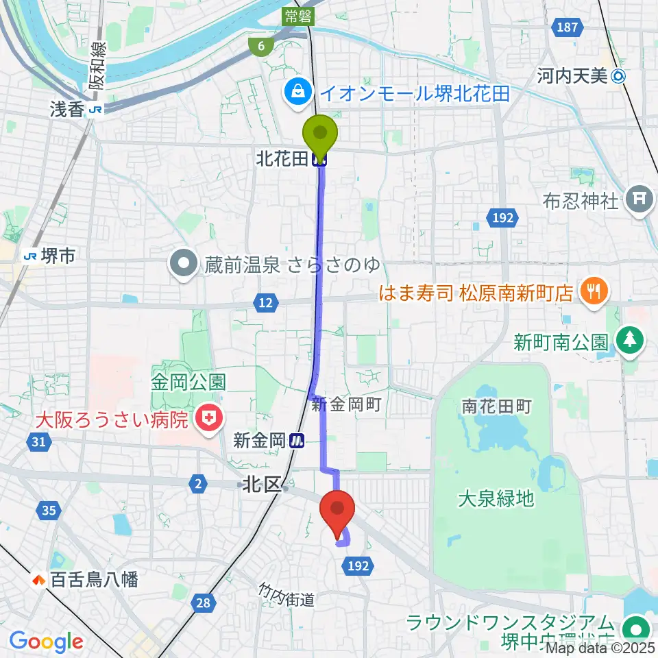 北花田駅から音楽教室ハーモニーへのルートマップ地図