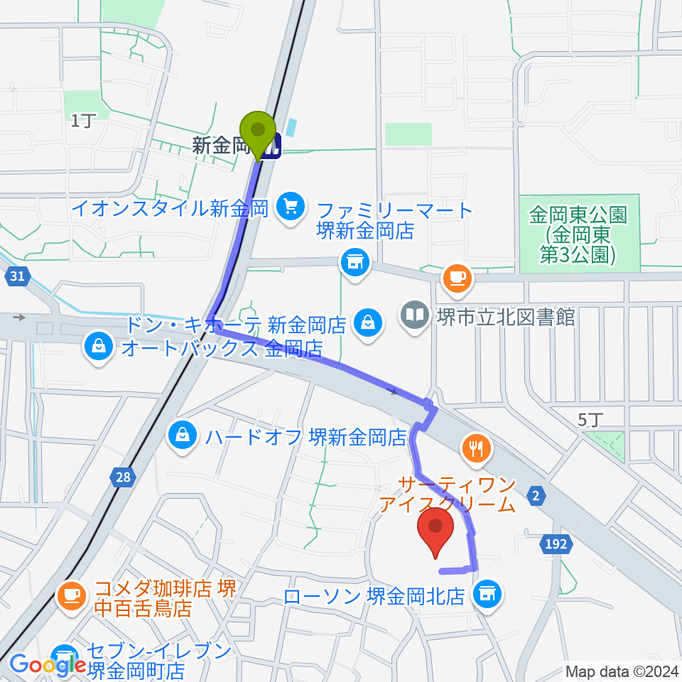 音楽教室ハーモニーの最寄駅新金岡駅からの徒歩ルート（約10分）地図