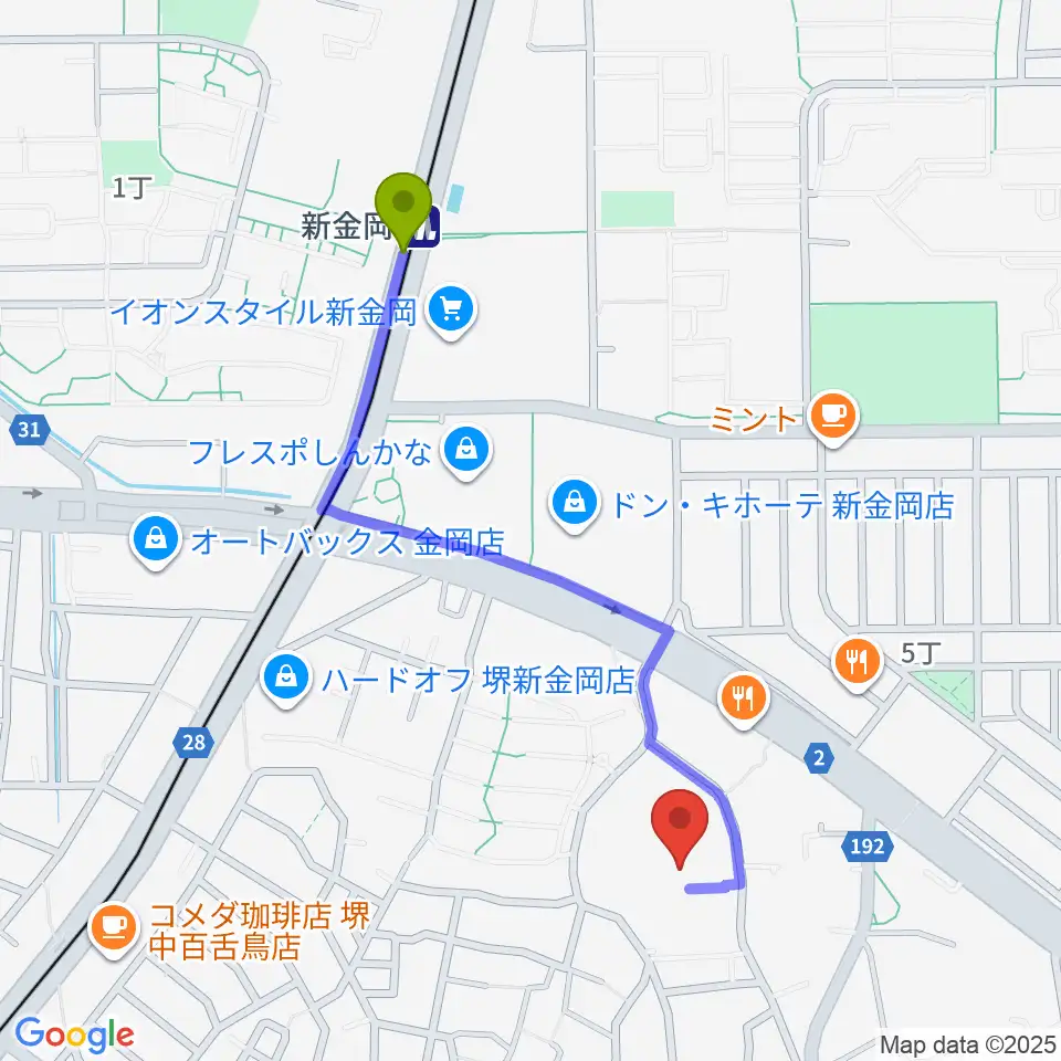 音楽教室ハーモニーの最寄駅新金岡駅からの徒歩ルート（約10分）地図