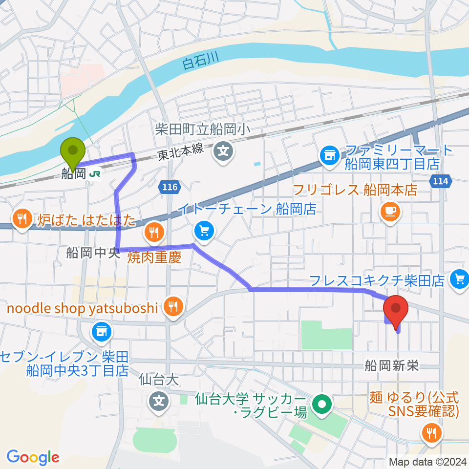 船岡駅からMegumi music schoolへのルートマップ地図