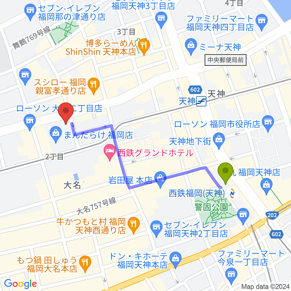 西鉄福岡（天神）駅からOshiroミュージックスクール福岡校へのルートマップ地図