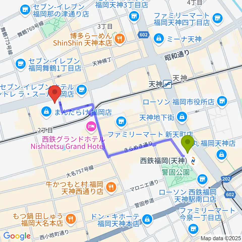 西鉄福岡（天神）駅からOshiroミュージックスクール福岡校へのルートマップ地図