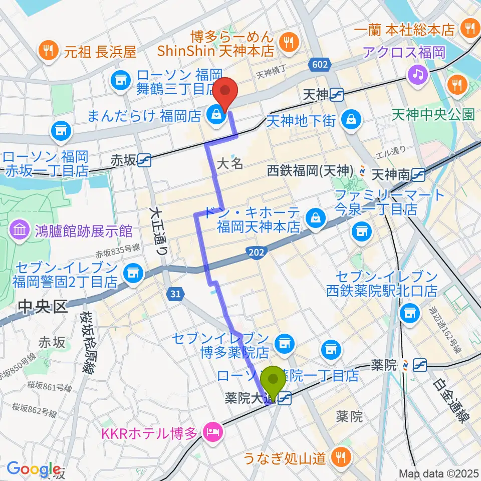 薬院大通駅からOshiroミュージックスクール福岡校へのルートマップ地図