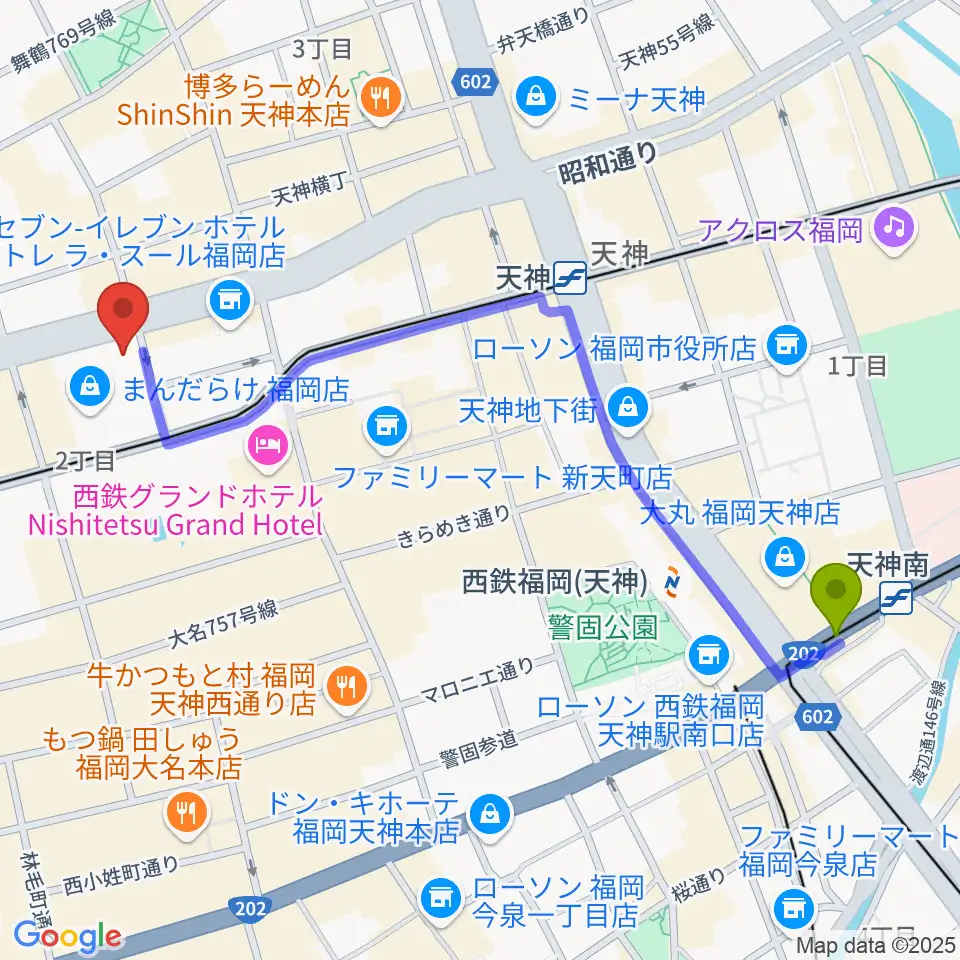 天神南駅からOshiroミュージックスクール福岡校へのルートマップ地図