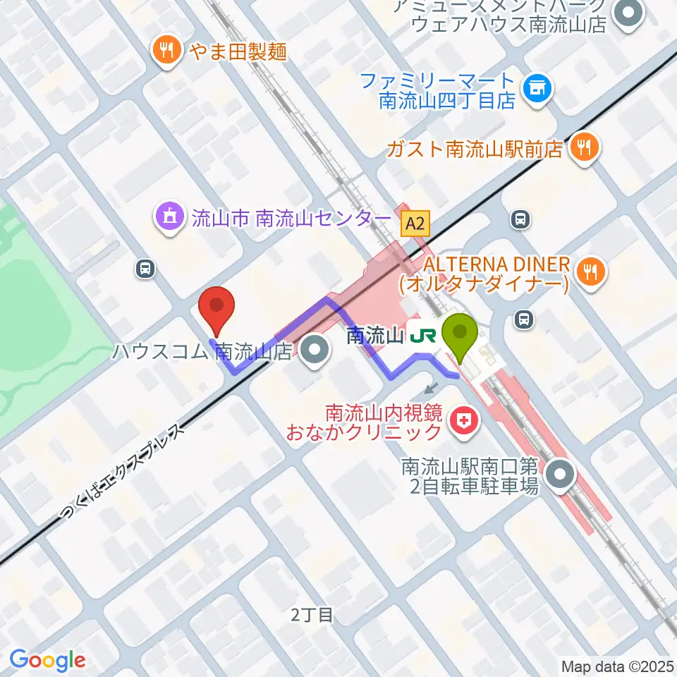 夢弦の会ギタースクールの最寄駅南流山駅からの徒歩ルート（約3分）地図