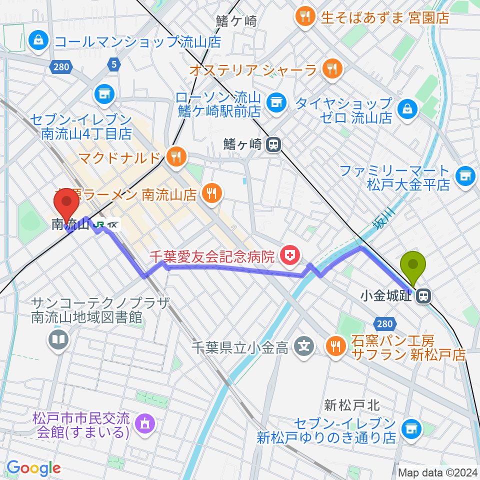 小金城趾駅から夢弦の会ギタースクールへのルートマップ地図