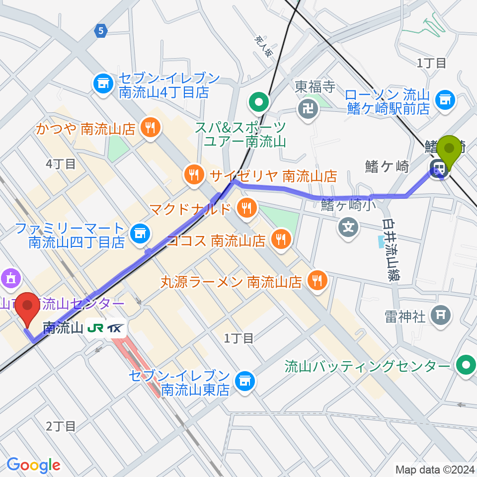 鰭ヶ崎駅から夢弦の会ギタースクールへのルートマップ地図