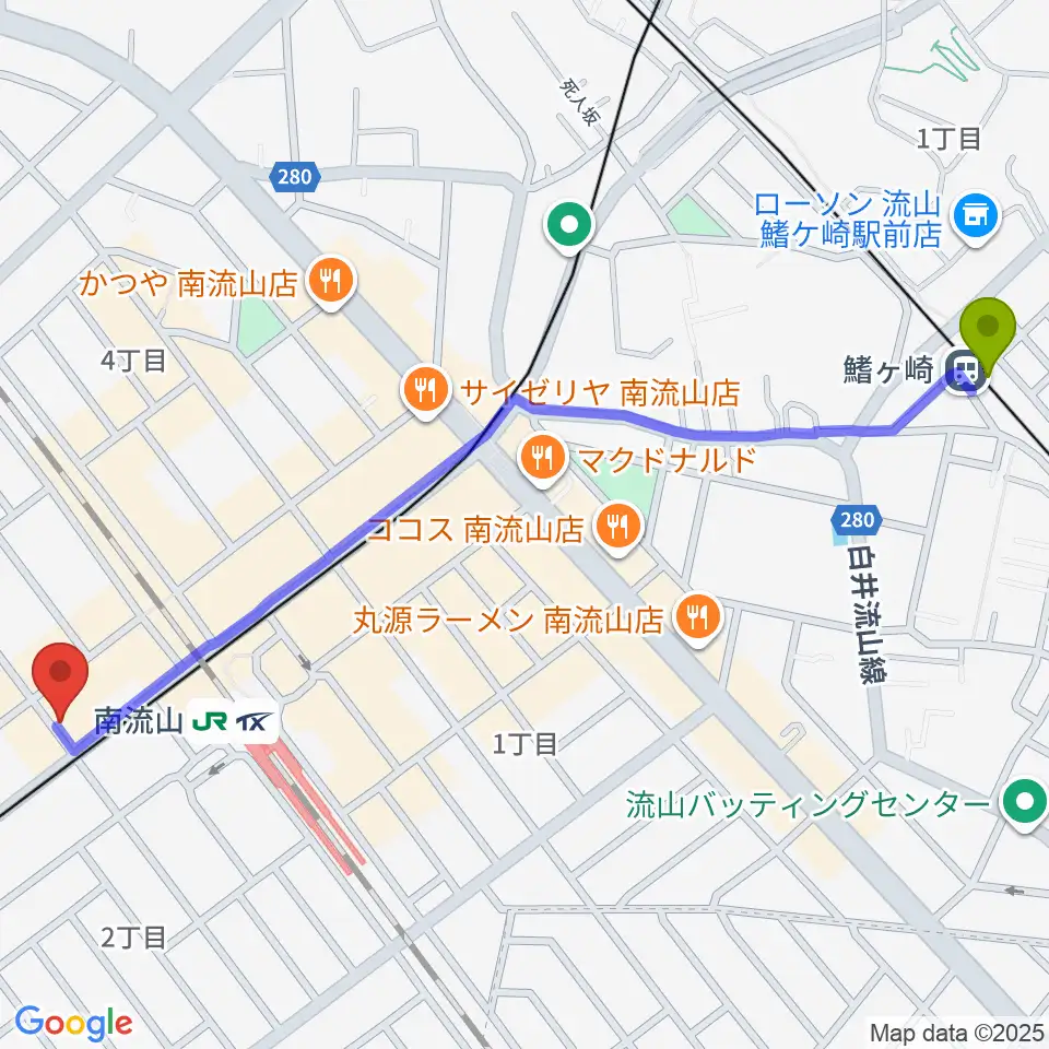 鰭ヶ崎駅から夢弦の会ギタースクールへのルートマップ地図