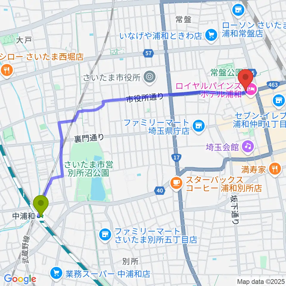 中浦和駅から音楽教室ギターレ＆エアストへのルートマップ地図