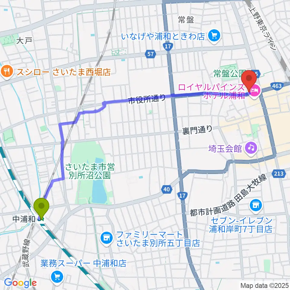中浦和駅から音楽教室ギターレ＆エアストへのルートマップ地図