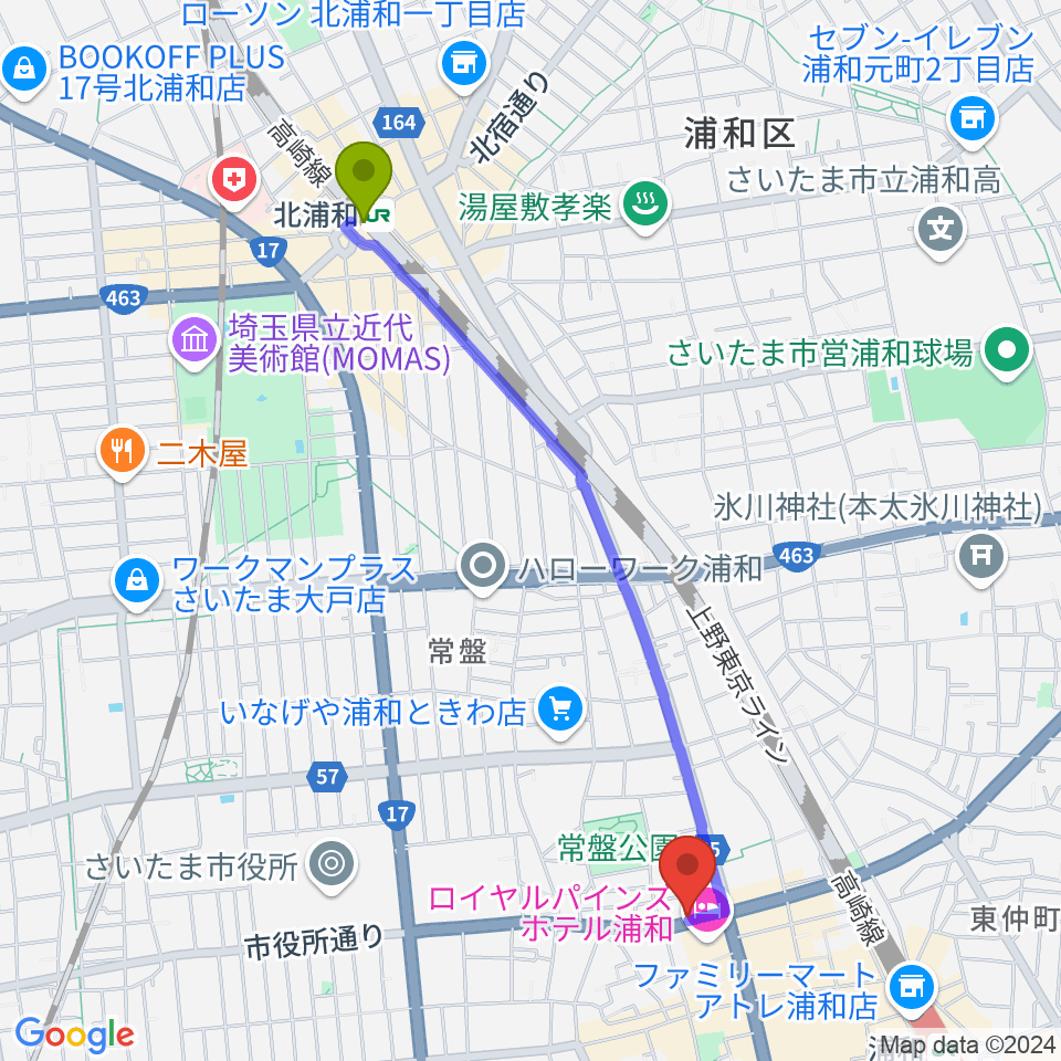 北浦和駅から音楽教室ギターレ＆エアストへのルートマップ地図