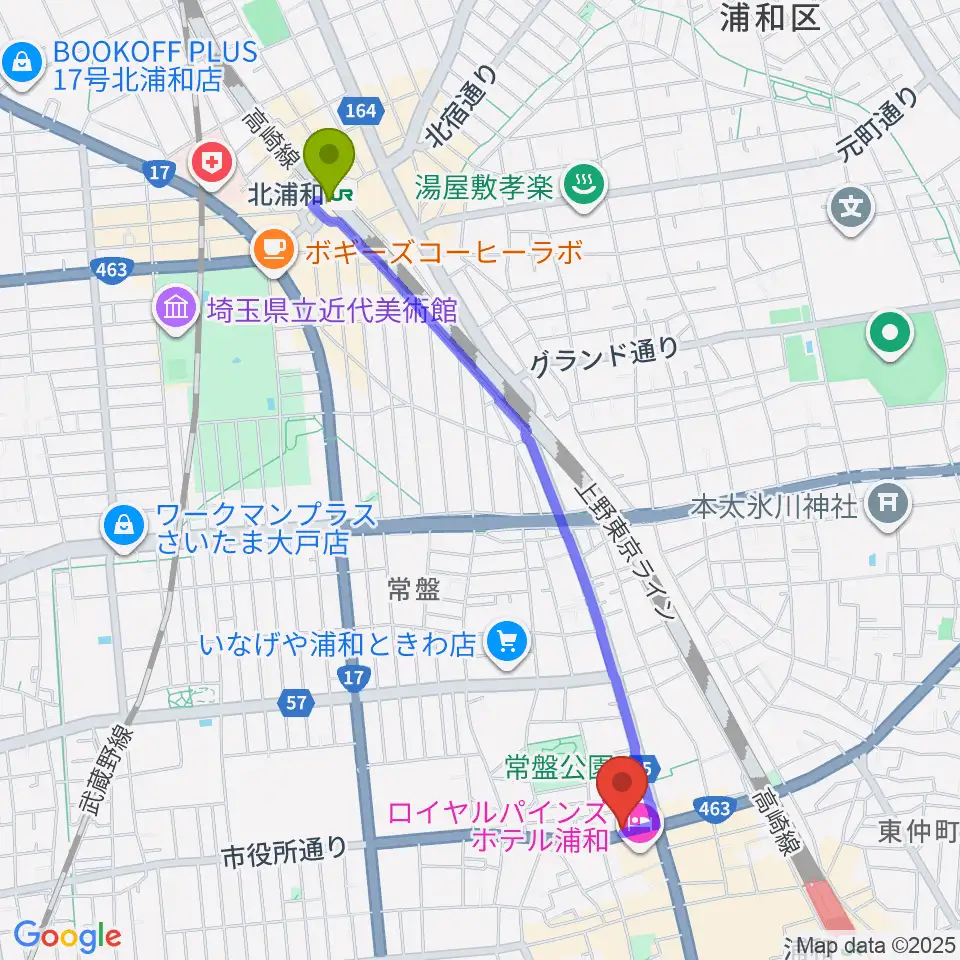 北浦和駅から音楽教室ギターレ＆エアストへのルートマップ地図