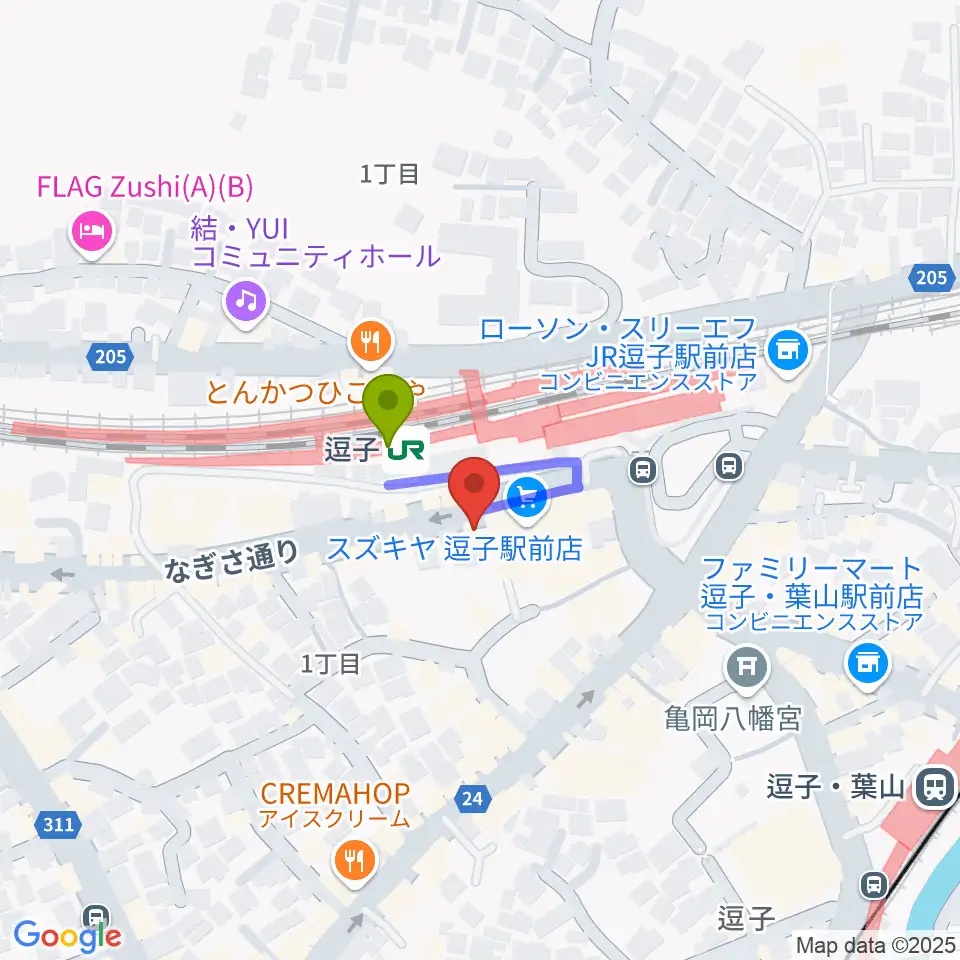 ファンデーク音楽院の最寄駅逗子駅からの徒歩ルート（約1分）地図