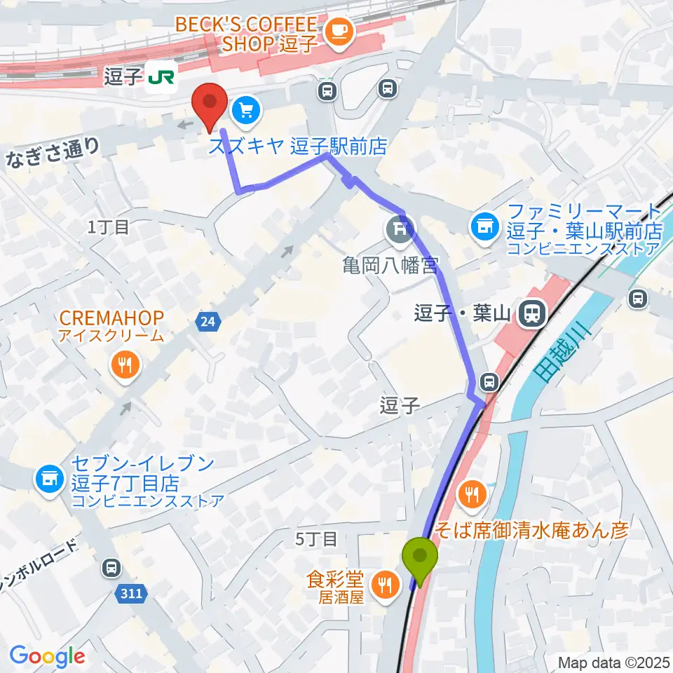 逗子・葉山駅からファンデーク音楽院へのルートマップ地図