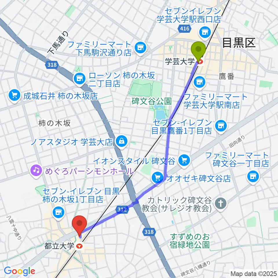 学芸大学駅からボーカルスクールVOAT 東京本校へのルートマップ地図