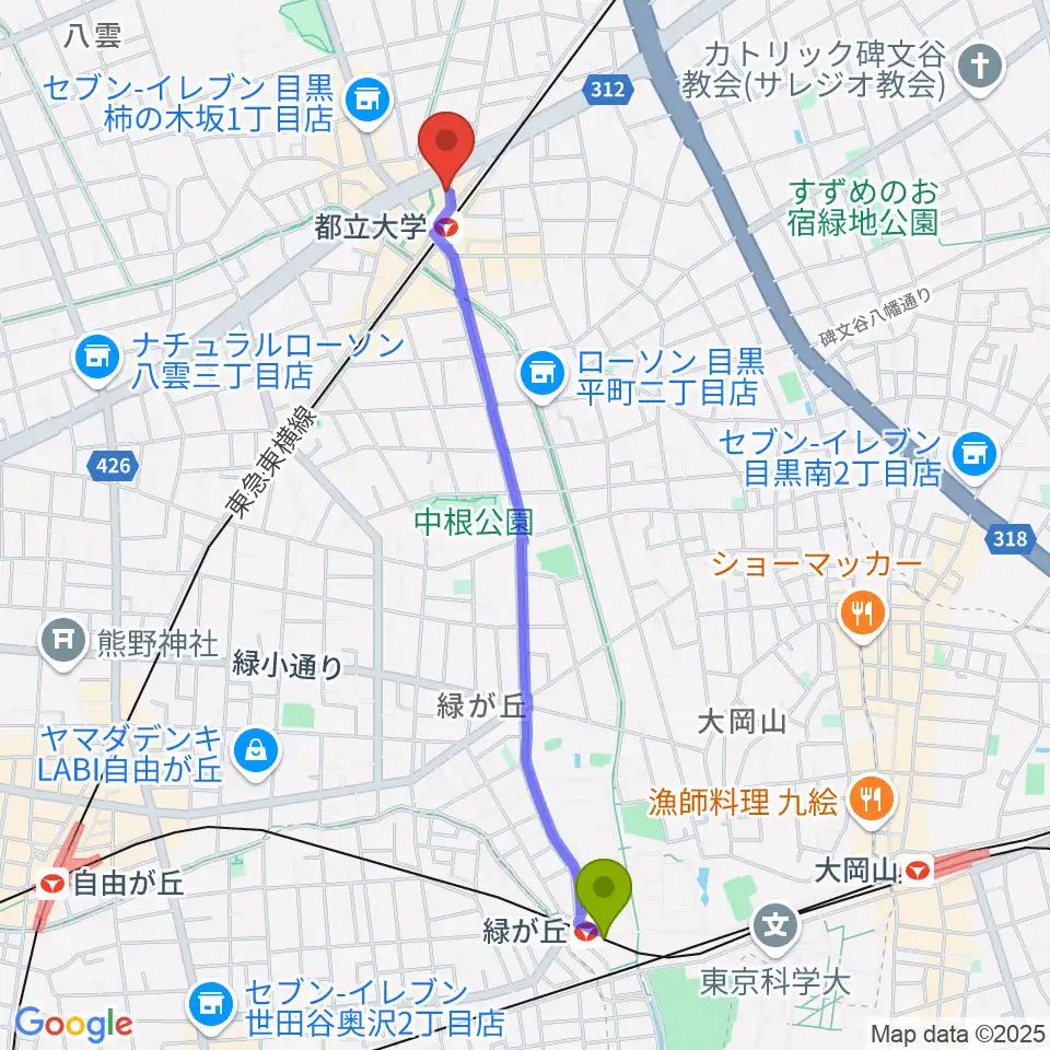 緑が丘駅からボーカルスクールVOAT 東京本校へのルートマップ地図