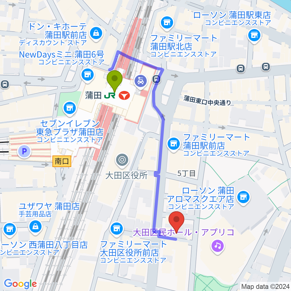 蒲田音楽学園 東口センターの最寄駅蒲田駅からの徒歩ルート（約4分）地図