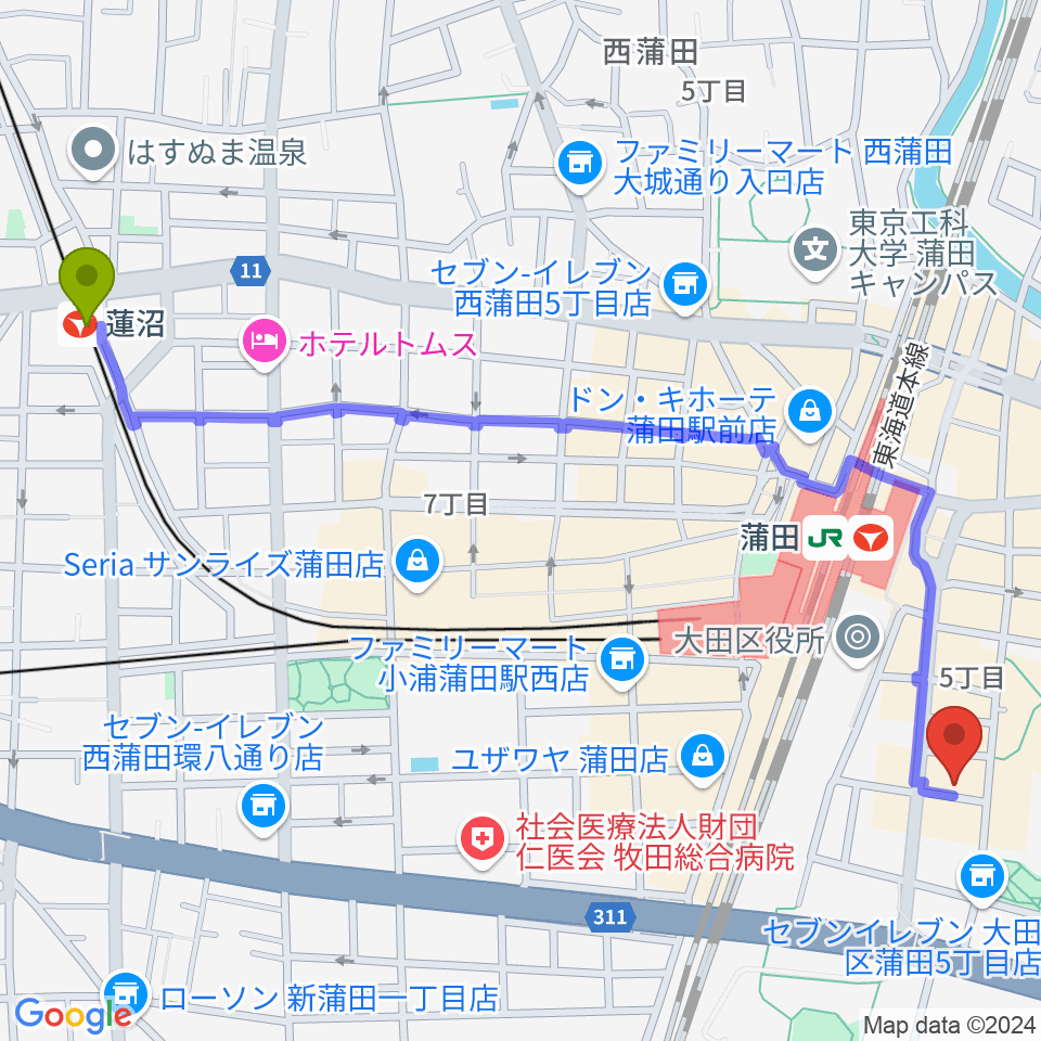 蓮沼駅から蒲田音楽学園 東口センターへのルートマップ地図