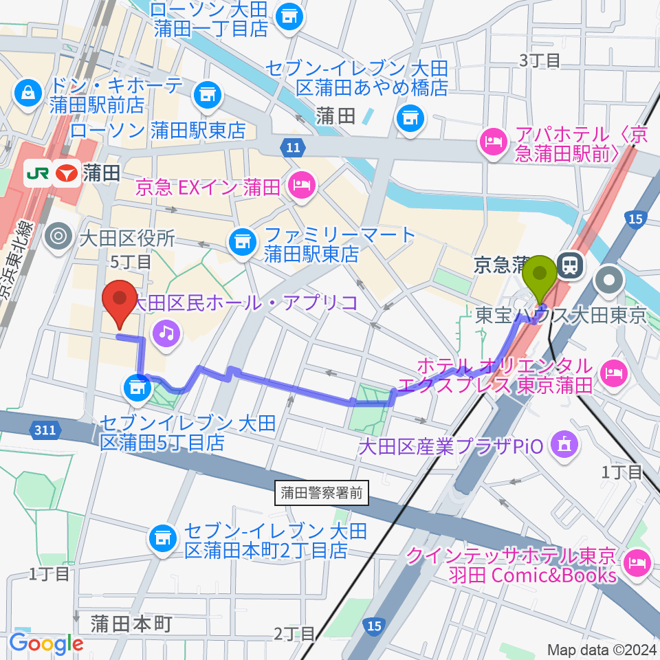 京急蒲田駅から蒲田音楽学園 東口センターへのルートマップ地図