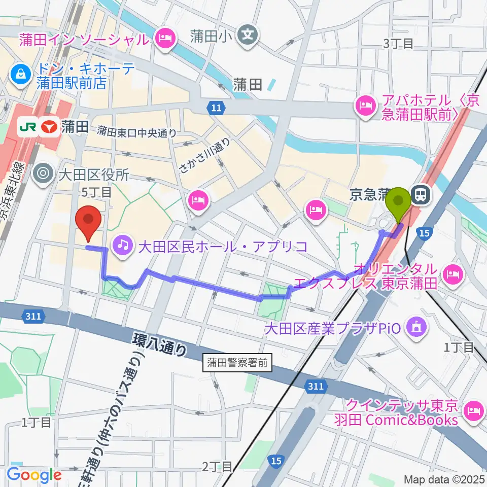 京急蒲田駅から蒲田音楽学園 東口センターへのルートマップ地図