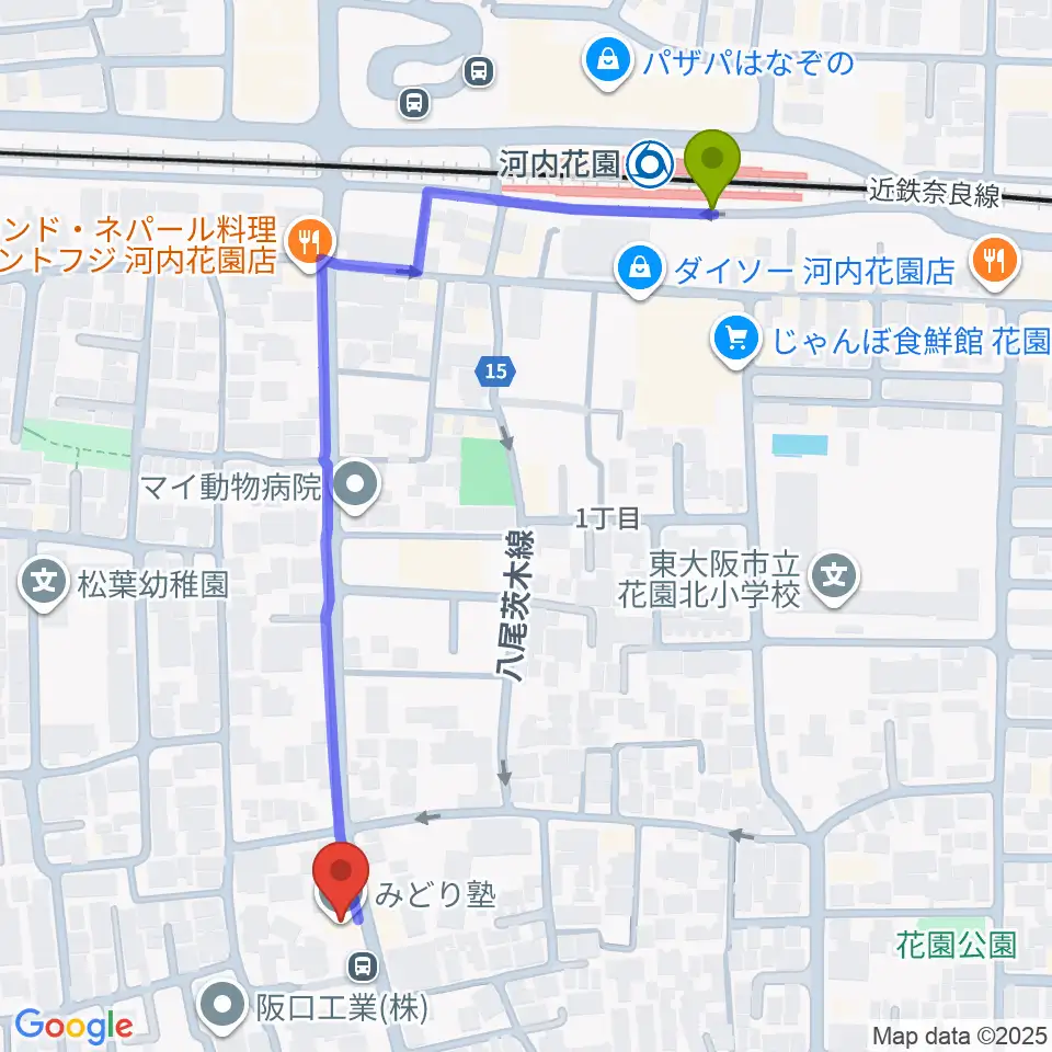 東大阪音楽学院の最寄駅河内花園駅からの徒歩ルート（約6分）地図