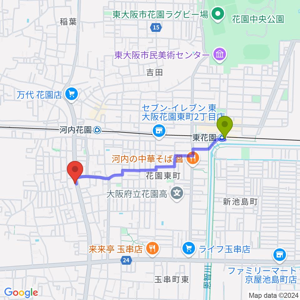 東花園駅から東大阪音楽学院へのルートマップ地図