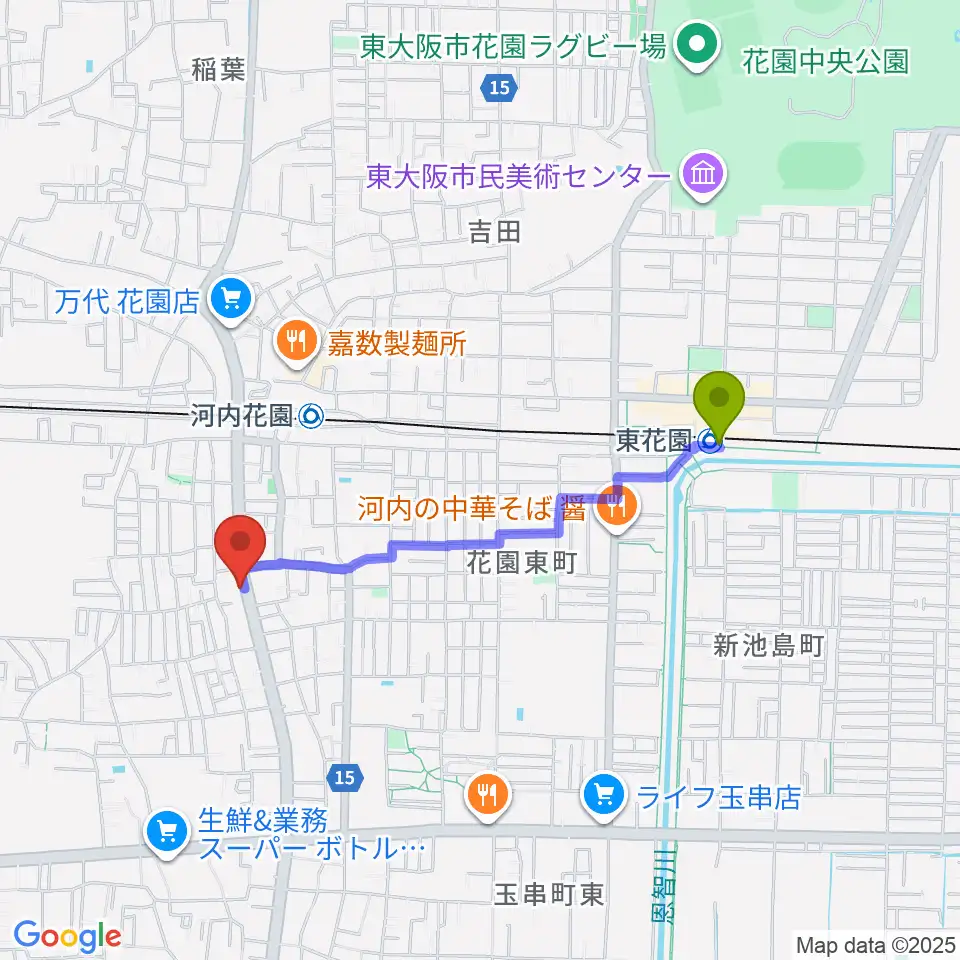 東花園駅から東大阪音楽学院へのルートマップ地図
