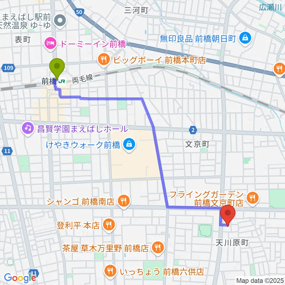 バップ・ジャズ・スクールの最寄駅前橋駅からの徒歩ルート（約24分）地図