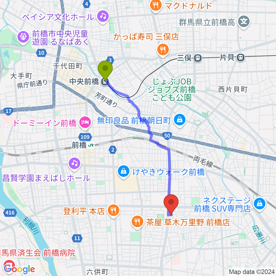 中央前橋駅からバップ・ジャズ・スクールへのルートマップ地図