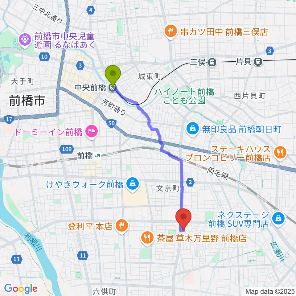 中央前橋駅からバップ・ジャズ・スクールへのルートマップ地図