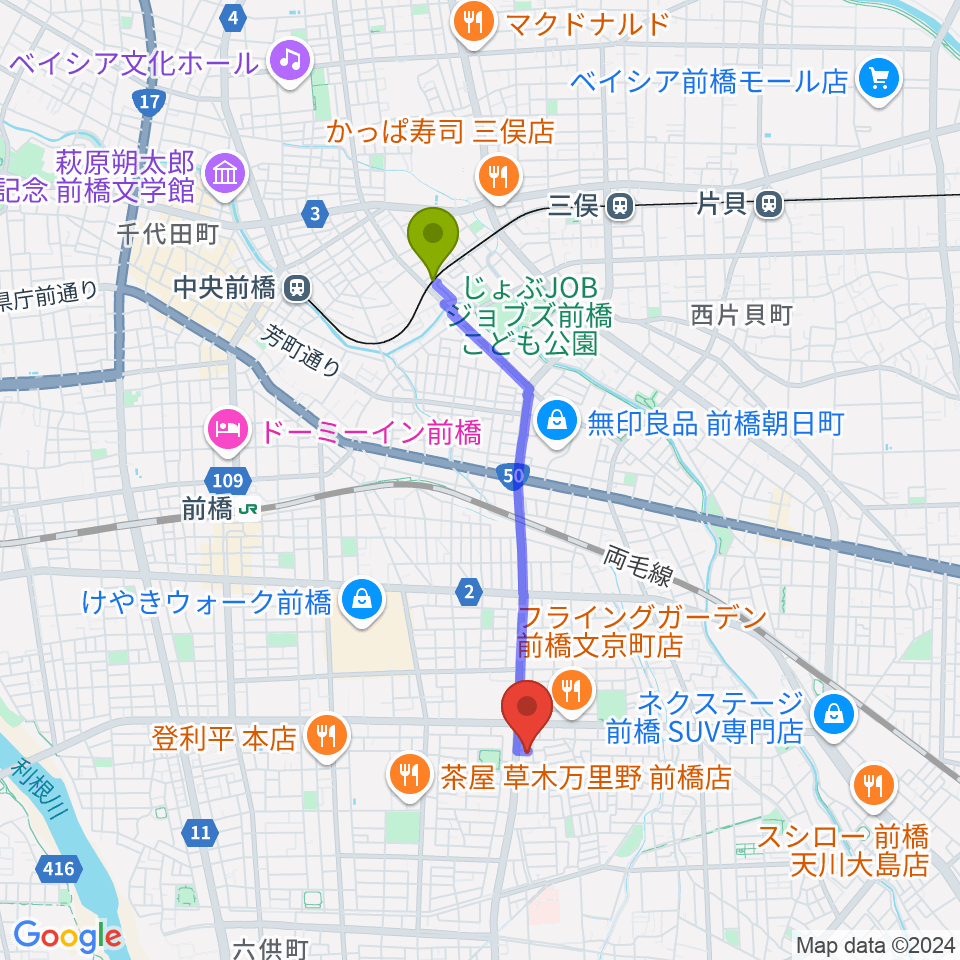 城東駅からバップ・ジャズ・スクールへのルートマップ地図