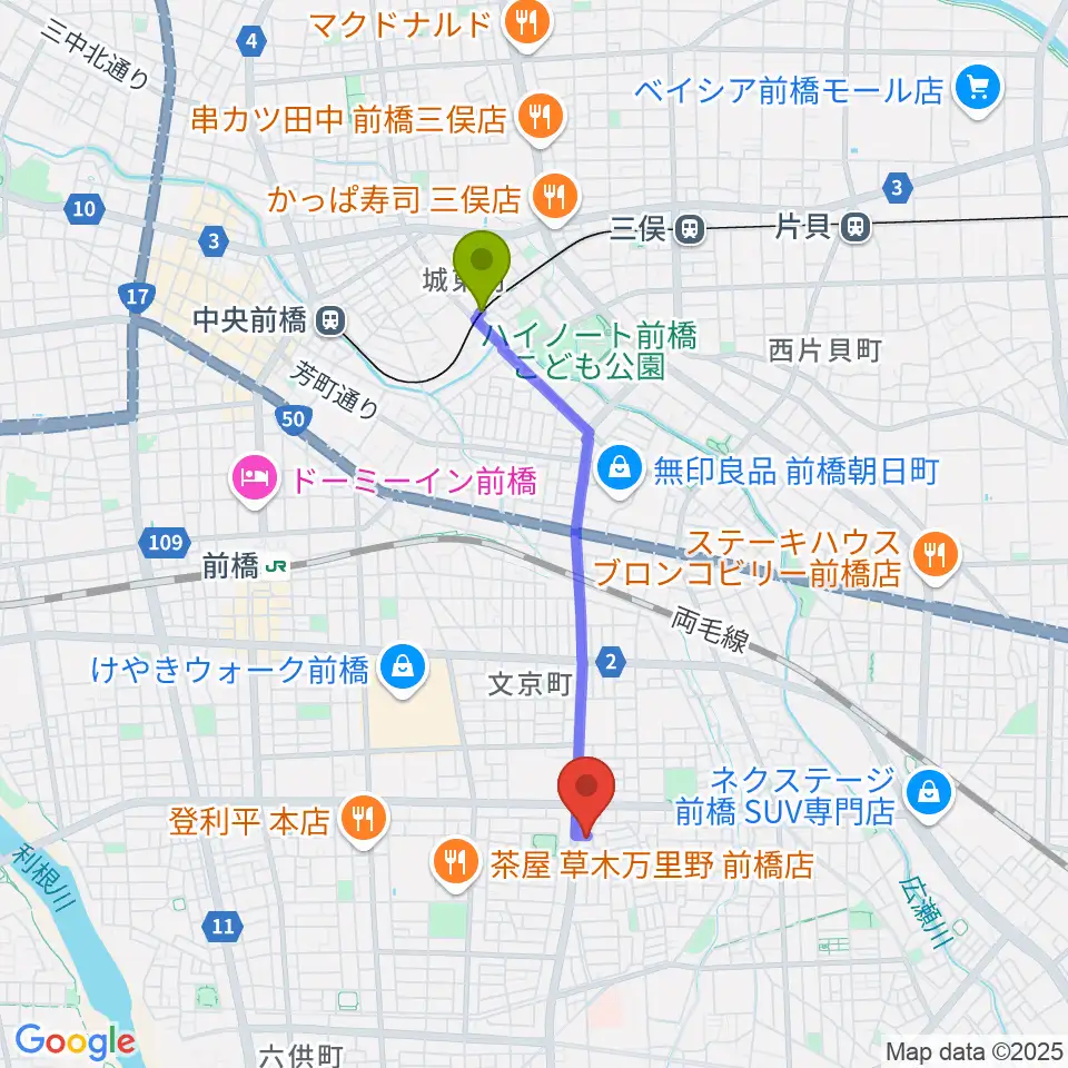 城東駅からバップ・ジャズ・スクールへのルートマップ地図
