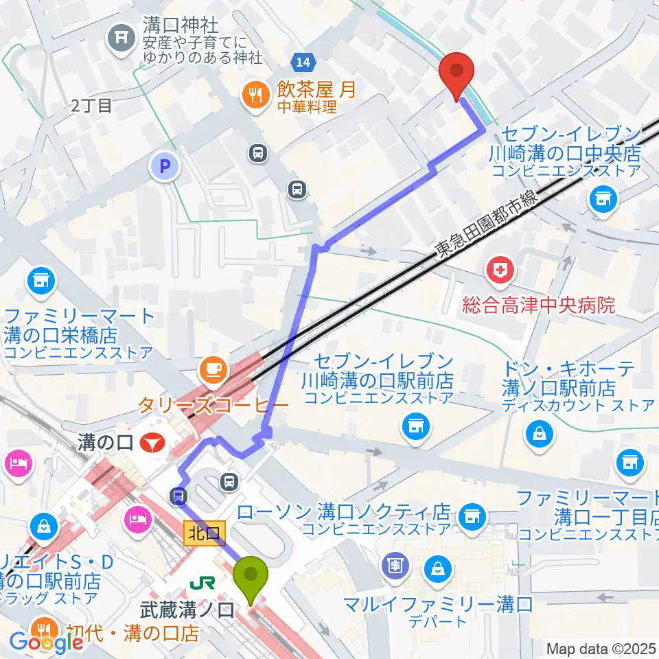 武蔵溝ノ口駅から928ギター教室へのルートマップ地図